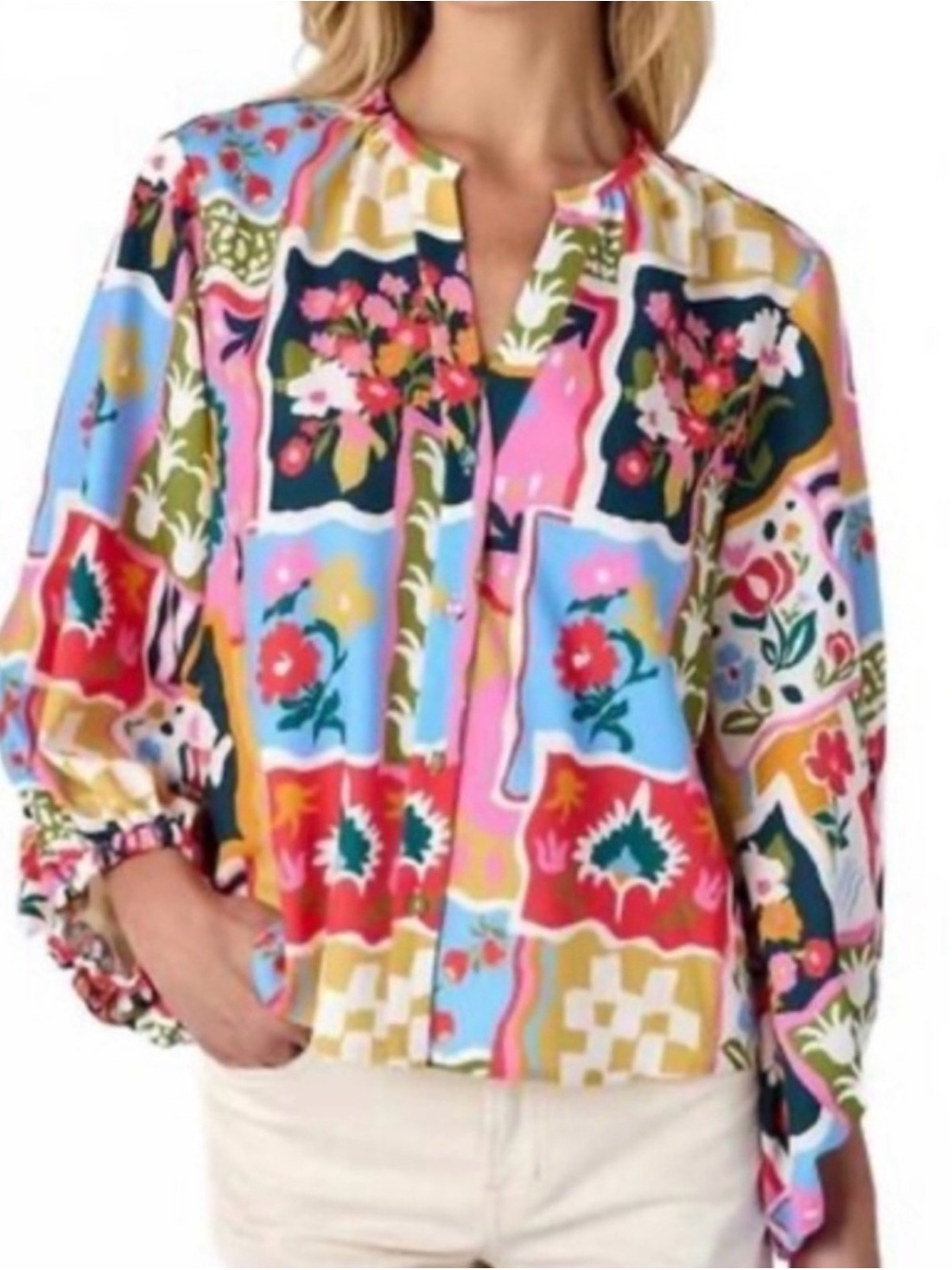 CROSBY by Mollie Burch Multicolor Patchwork Floral Blouse